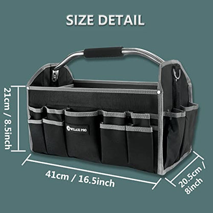 16in Tool Bags For Men Heavy Duty, Tool Bag Organizer Foldable Open Top Tool Bags, Tool Tote Bag With Handle, Wide Mouth Electrician Tool Tote, 22 PCS Pockets Tool Carrier, Grey - size: 16INCH