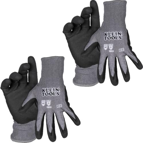 KLEIN TOOLS 60583 Work Gloves, Knit Dipped Cut Resistant ANSI A2 Nitrile Coated Gloves, HPPE Fabric, Touchscreen Capable, Small, 2-Pair - size: Small