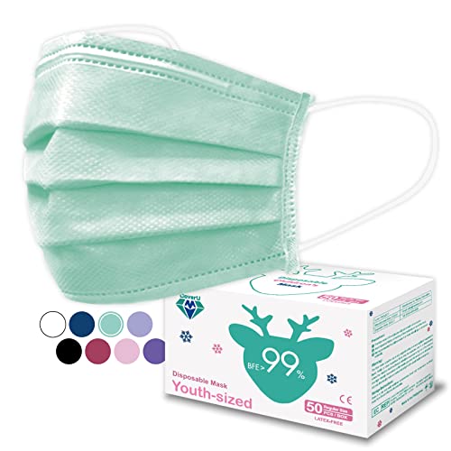 Medtecs Kids Face Mask Disposable - 2 Sizes Option (Child/Youth) 50 PCs - Comfy 3-Ply Breathable Children Masks, The Better Choice - Youth | Green - color: 07. Green, size: Youth - 50 PC