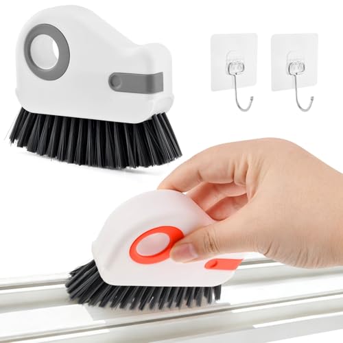 Groove Cleaning Brush 2 in 1 Grout Cleaner Tool Grip Brush, Multifunction Window Track Cleaner with Hard Bristle and Scraper Cleaning Brush for Sliding Door Track, Window(Color:White)