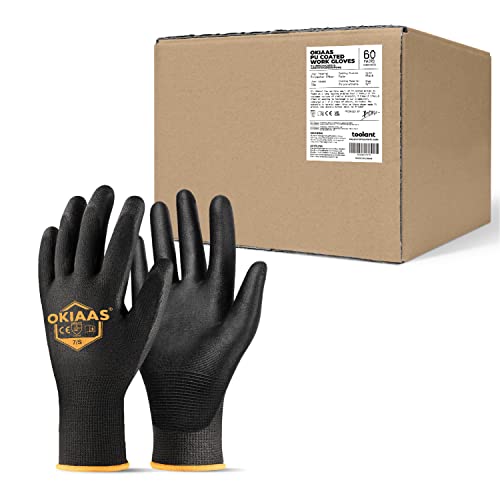 OKIAAS Work Gloves for Men, Ultra Thin and Lightweight with Grip, Bulk Case of 60 Pairs Construction Gloves with Polyurethane Coating, Safety Gloves for Light Duty Work (Black, Small) - color: Black (60 Pairs), size: Small