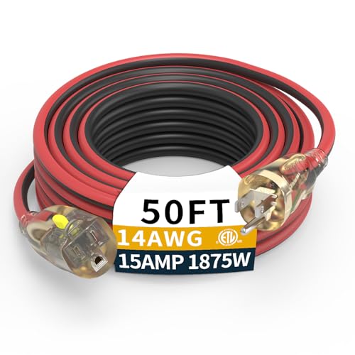 50FT Medium Duty Outdoor Extension Cords, 14/3 Gauge Electrical Wire Cable, 15 Amp Waterproof, LED Lighted Locking Plug for Indoor and Outside Use, Power Cord ETL Certified