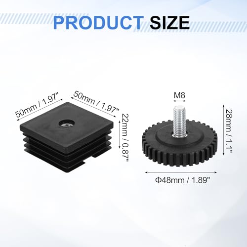 uxcell 2 Set Leveling Feet, M8x50x50mm Plastic Adjustable Furniture Leg Leveling Square Threaded Insert Screw-in Glide Levelers for Table Chair Furniture, Black