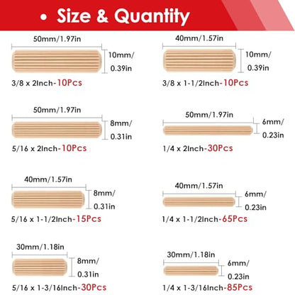 smseace 255Pcs Wooden Dowel Pins - 8 Sizes 1/4Inch 5/16Inch 3/8Inch Fluted Wooden Dowel Kit for Crafts, Furniture, Door, DIY - size: 255Pcs Straight Wood Pin - 8 Sizes