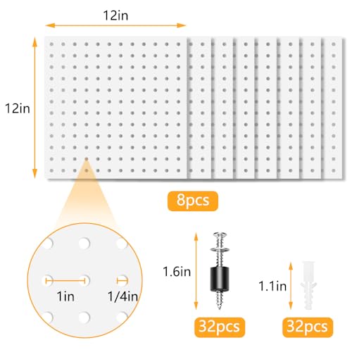 8Pcs Pegboard, Peg Board, Metal Pegboard Wall Organizer Panels Accessories, Mount Display Pegboard Kits for Walls Garage Craft Room Office Workshop, Easy Installation (White) - style: Metal pegboard-8pack