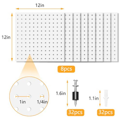 8Pcs Pegboard, Peg Board, Metal Pegboard Wall Organizer Panels Accessories, Mount Display Pegboard Kits for Walls Garage Craft Room Office Workshop, Easy Installation (White) - style: Metal pegboard-8pack