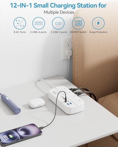 Power Strip with USB, 5Ft Travel Power Strip Surge Protector with 8 Outlets 4 USB(3.4A/17W) Charging Station, 13A/1625W 3 Prong Small Extension Cord Outlet Splitter, Wall Mount for Travel Office Dorm - size: 5 FT, style: 8AC+2U2C