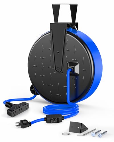 DEWENWILS 30FT Extension Cord Reel, 16/3 Gauge SJTW Power Cord, Retractable Cord Reel with 3 Outlets, Ceiling/Wall Mount for Garage, Workshop, 10A Circuit Breaker, Metal Plate, UL Listed, Blue - color: Black/Blue--blue Cord