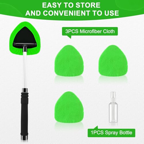 JUSTTOP Windshield Cleaner Tool, Car Interior&Exterior Window Cleaning Tool with Extendable Handle & 4 Reusable Microfiber Pads, Auto Glass Wiper Brush Kit for Cars (Green) - color: Green