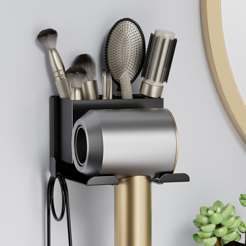 Hair Dryer Holder Wall Mounted, Hair Tools Organizer, Bathroom Space-Saving Blow Dryer Organizer Curling Irons Storage Hair Dryer Comb Attachments Black (Self-Adhesive and Drilling) - color: Black