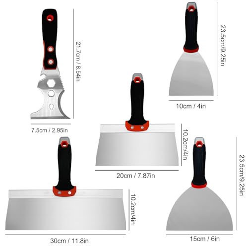 5 Pack Drywall Knife Set, Includes 8” & 12” Taping Knives, 4" & 6" Putty Knives and 3” Multifunctional Paint Scraper, Perfect Hand Tools for Drywall Joint Taping, Finishing and Patching - color: Black, 5pcs