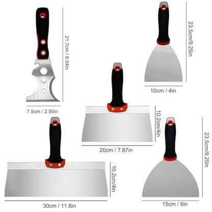 5 Pack Drywall Knife Set, Includes 8” & 12” Taping Knives, 4" & 6" Putty Knives and 3” Multifunctional Paint Scraper, Perfect Hand Tools for Drywall Joint Taping, Finishing and Patching - color: Black, 5pcs