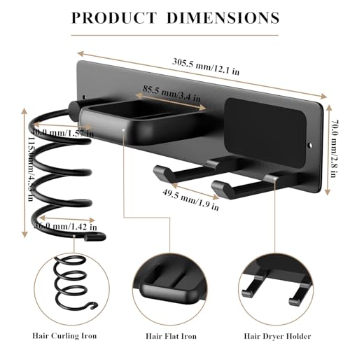 BSICPRO Hair Dryer Holder-3 in 1 Blow Dryer Holder-Metal Bathroom Hair Tool Organizer Wall Mounted-Bathroom Organizer for Hairdryer Curling Iron Flat Iron (Black) - color: Black
