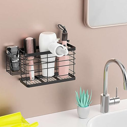 Hair Tool Organizer - Black Steel Wall Mounted Hair Dryer Holder with Removable Basket, 10.62"L x 4.33"W x 6.69"H, Ideal for Small Bathrooms - color: Black-plus