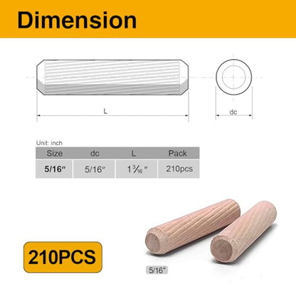 210 Pcs Wooden Dowel Pins, 5/16 x 1-3/16 inch Fluted Wood Dowels Hardwood Pegs for Cabinet Doors, Wooden Boxes, DIY Furniture Repair - size: 210PCS 5/16X1-3/16