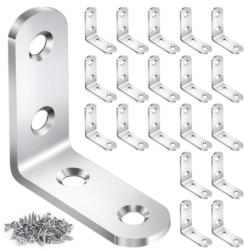 20PCS L Bracket Corner Brace Sets, Stainless Steel L Brackets for Wood Shelves, 90 Degree Right Angle Bracket with 80 Screws, Metal Corner Brackets for Furniture Cabinet Drawer Chair (1.57x1.57 in) - color: Silver, size: 20PCS | 40x40MM