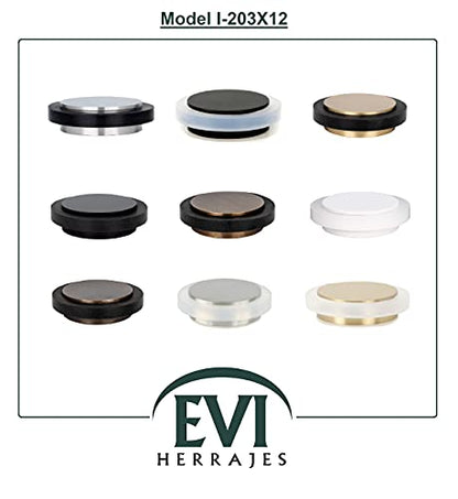 EVI Herrajes | Adhesive Door Stop | Ø1.75" X 0.55" | Adhesive Installation | Brass Satin Matte Finish | Black Natural Silicone Rubber | Mod. I-203X12MT - color: Brass Matte - Black Rubber