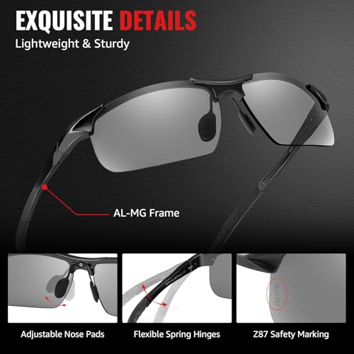 TJUTR Mens Photochromic Sunglasses Day & Night Driving Z87 Sun Glasses Polarized UV400 Protection Safety Glasses - color: B Black/Z87 Photochromic Polarized Safety Lens
