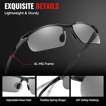 TJUTR Mens Photochromic Sunglasses Day & Night Driving Z87 Sun Glasses Polarized UV400 Protection Safety Glasses - color: B Black/Z87 Photochromic Polarized Safety Lens