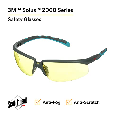 3M Safety Glasses, Solus 2000 Series, Scotchgard Anti-Fog Coating, Anti-Scratch, Amber Lens, Gray/Blue-Green Temples - color: Amber Lens, size: One size fits most