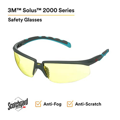 3M Safety Glasses, Solus 2000 Series, Scotchgard Anti-Fog Coating, Anti-Scratch, Amber Lens, Gray/Blue-Green Temples - color: Amber Lens, size: One size fits most