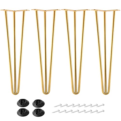 16 Inch Hairpin Legs Metal - 1/2” Dia 3 Rods Design - Mid Century Furniture Table Legs, DIY Furniture Hairpin Feet Gold for Nightstand, Coffee Table and TV Stand, Set of 4 - size: 16 Inch