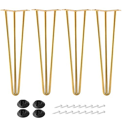 16 Inch Hairpin Legs Metal - 1/2” Dia 3 Rods Design - Mid Century Furniture Table Legs, DIY Furniture Hairpin Feet Gold for Nightstand, Coffee Table and TV Stand, Set of 4 - size: 16 Inch