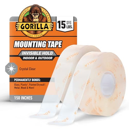 Gorilla Invisible Hold Mounting Tape, 1" x 150" (Pack of 2), Clear Double Sided Tape for Strong, Permanent Indoor & Outdoor Hanging - size: 2 - Pack