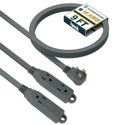 EP 9 Ft 3 Outlet Extension Cord with Flat Plug, 3 Prong Grounded, 16/3 SPT-3 Power Cable for Indoor Use, Grey, 2 Pack - color: Grey, size: 9 Ft