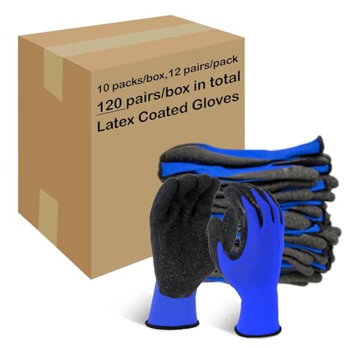 Evridwear Crinkle Latex Rubber Hand Coated Safety Work Gloves for Men Women General Multi Use Construction Warehouse Gardening Assembly Landscaping,Medium Blue 120 Pairs Pack - color: Blue-120 Pairs, size: Medium