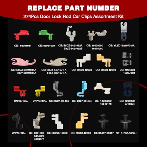 274Pcs Door Lock Rod Clips,Door Lock Rod Latch Clips,Hood Latch Locking Push Clip Kit,22 Most Popular Sizes Door Lock Handle Rod Clips Set,for GM Ford Chrysler Dodge Jeep Buick Cadillac Chevrolet