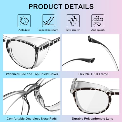 OXG 4 Pack Safety Glasses Anti Fog Goggles, Blue Light Blocking Stylish Safety Glasses for Women Nurses Protective Eyewear - color: Leopard+rainbow+clear+pink