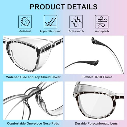 OXG 4 Pack Safety Glasses Anti Fog Goggles, Blue Light Blocking Stylish Safety Glasses for Women Nurses Protective Eyewear - color: Leopard+rainbow+clear+black