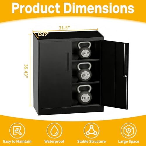 Metal Storage Cabinet, 35" Garage Storage Cabinet with 2 Adjustable Shelves & Lockable Doors, Black Garage Cabinets for Office, Home, Garage, Gym, School - size: 35" H X 15.8" D X 32" W