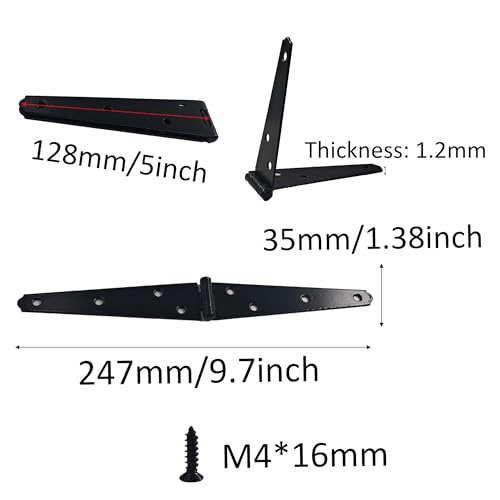4Pcs 5-Inch Heavy Duty Iron Strap Hinges, Matte Black Gate Tee Hinges for Shed, Fence, Cabinet, Wood Gate Applications with Mounting Screws - size: 5 Inch