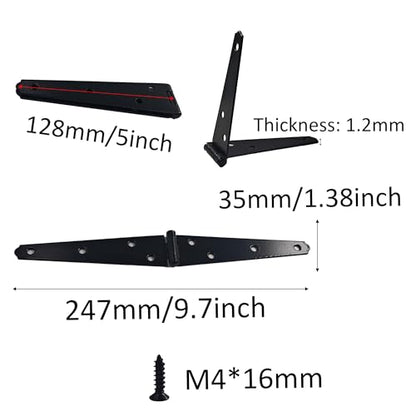 4Pcs 5-Inch Heavy Duty Iron Strap Hinges, Matte Black Gate Tee Hinges for Shed, Fence, Cabinet, Wood Gate Applications with Mounting Screws - size: 5 Inch