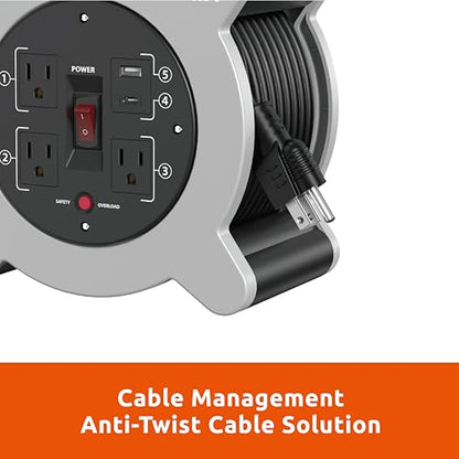 Link2Home Cord Reel 30 ft. Extension Cord 3 Power Outlets, 2 USB Ports A/C, 2.4A Fast Charge – 16 AWG SJT Cable.