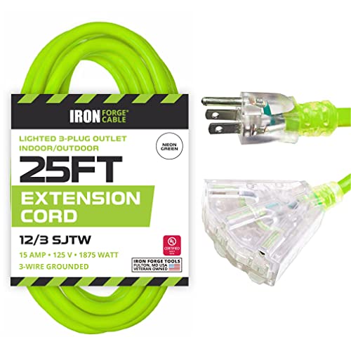 Iron Forge Cable 25 Foot Lighted Outdoor Extension Cord with 3 Outlets - 12/3 SJTW Heavy Duty Light Green Extension Cable 3 Prong - Multiple Outlets - color: Neon Green, size: 25 Foot