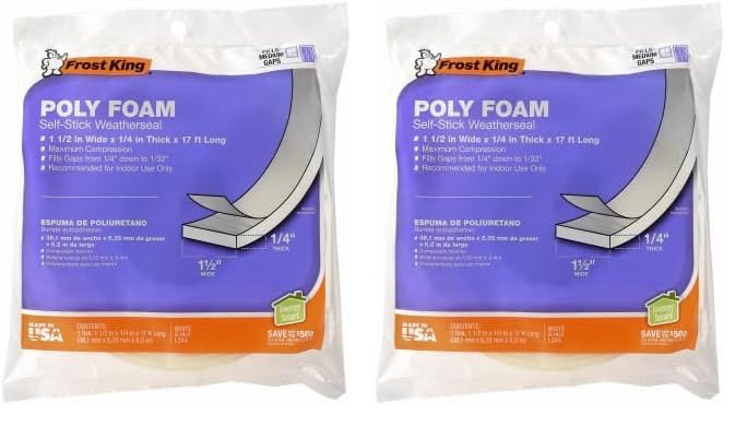 Frost King L344H Poly Foam Self-Stick Weatherseal Tape with Open Cell & Maximum Compression, White 1-1/2in Wide x 1/4in Thick x 17ft Long (Pack of 2) - size: 1-1/2"W, 1/4"T (Pack of 2)