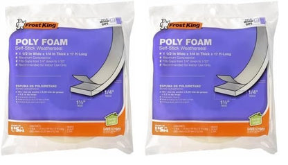 Frost King L344H Poly Foam Self-Stick Weatherseal Tape with Open Cell & Maximum Compression, White 1-1/2in Wide x 1/4in Thick x 17ft Long (Pack of 2) - size: 1-1/2"W, 1/4"T (Pack of 2)