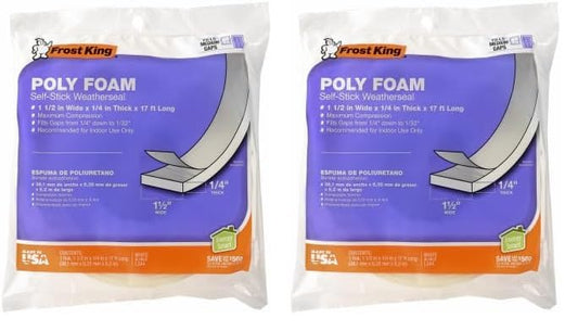 Frost King L344H Poly Foam Self-Stick Weatherseal Tape with Open Cell & Maximum Compression, White 1-1/2in Wide x 1/4in Thick x 17ft Long (Pack of 2) - size: 1-1/2"W, 1/4"T (Pack of 2)