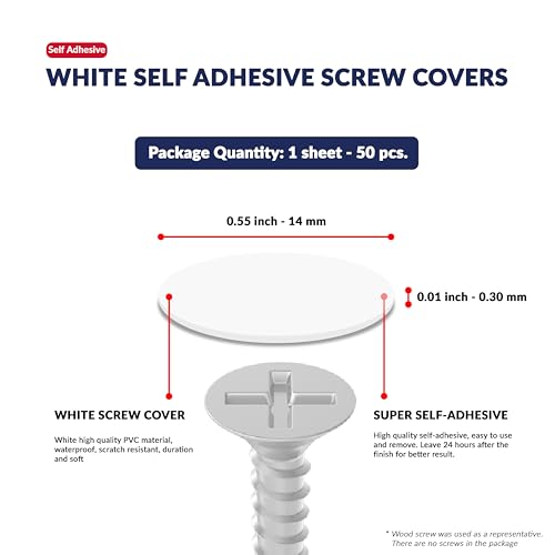 White Self-Adhesive Screw Hole Stickers - 50 pcs. 0.55 inch / 14 mm Peel Stick Dust Proof Tape, Water Resistance PVC Caps for Wood Cabinets, Furniture, Drawer, Wardrobe, Kitchen, Table - color: White, size: 0.55 inch - 14 mm