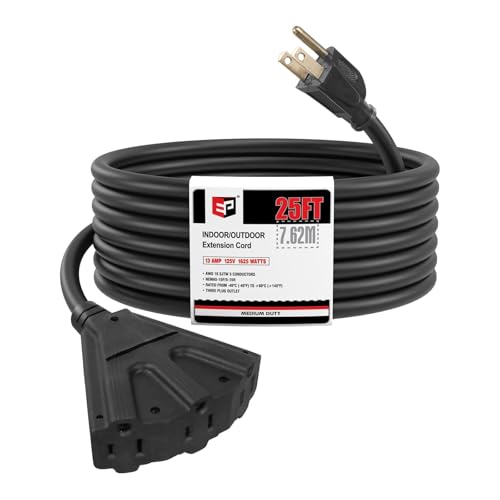 EP 25 Ft 16 Gauge Black Indoor Outdoor Extension Cord with 3 Outlets, 13A 1625W 125V, 16/3 SJTW Power Cord, 3 Prong Grounded Plug for Lights, Garden and Major Appliances, ETL Listed - color: Black, size: 25ft