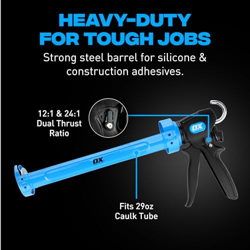 OX Pro 29 oz Caulking Gun - Heavy Duty Dual Thrust (24:1 or 12:1) Manual Caulk Gun for Large 29 oz Cartridges - Best Professional Caulking Tool for Sealant & Adhesive - size: 29 oz - Dual Thrust Switch