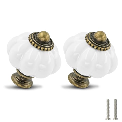 White Pumpkin Knobs 2 Pack Ceramic Cabinet Knobs Vintage Drawer Pulls - Antique Dresser Pulls with Screws for Closet Drawer Cupboard Cabinet and DIY Home Project - color: White