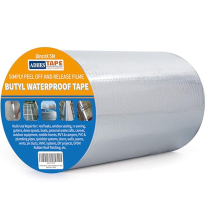 ADHES Upgrade Butyl Tape Waterproof Tape, 1.2mm Thick, 8 inch x 16 feet, Aluminum Foil Tape Butyl Sealant Tape for RV Repair, Window, Boat and Pipe Sealing, Glass & EDPM Rubber Roof Patching, Silver - size: 200mm x 5m