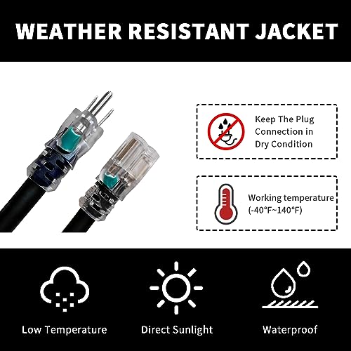 Extension Cord with Lighted End, UL Certified, 12 Gauge 1FT Black 3 Prong Heavy Duty, 12/3 SJTW 15A Power Cord for Lights, Lawn - size: 1FT, style: 12/3