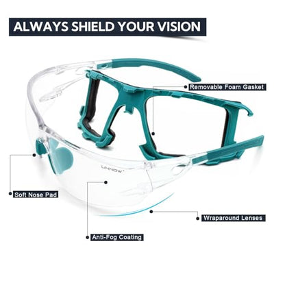 UKNOW Safety Glasses - Anti Fog Wraparound Lenses - Removable Foam Gasket - ANSI Z87.1 Protective Eyewear - Impact Resistant - color: Teal