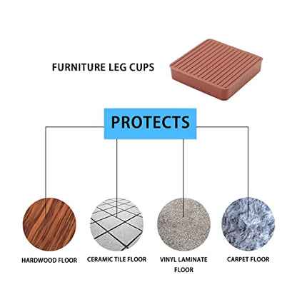 Non Slip Furniture Pads, SAFYY Square Rubber Anti Skid Caster Cups Leg Coasters, Couch, Chair, Feet, and Bed Stoppers with Anti-Sliding Floor Grip, Furniture Floor Protectors - size: 2.5'' Brown 4 Pack