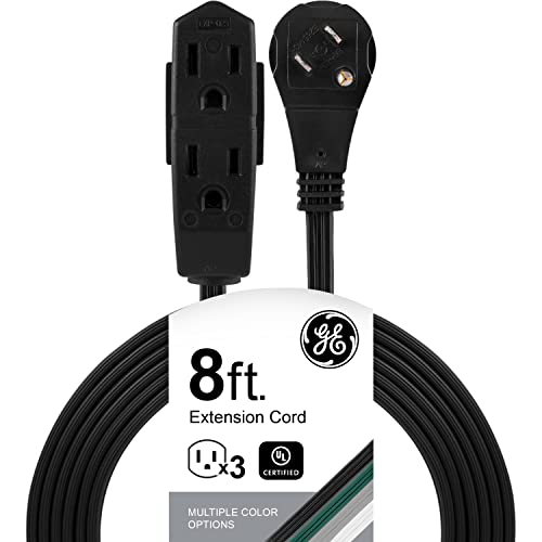 GE 3-Outlet Flat Extension Cord 8 Ft Grounded with Multiple Outlets 3 Prong, Extender Flat Plug Power Strip Indoor Extension Cord 16 Gauge UL Listed Black 56991